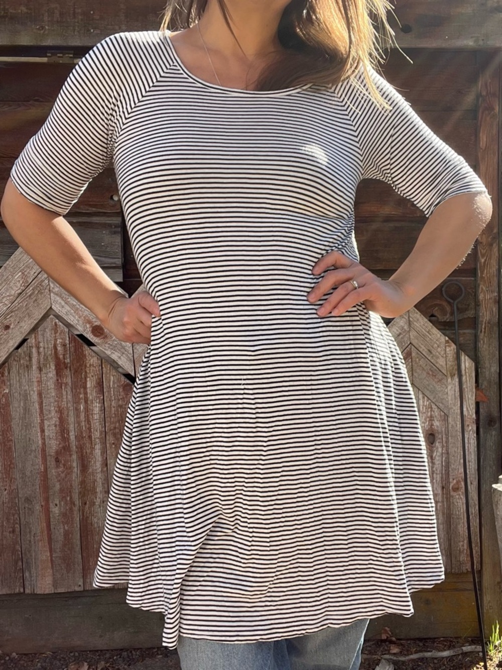 Roxy Black & White Striped Swing Dress T-Shirt  Casual Stretch Beachy Large